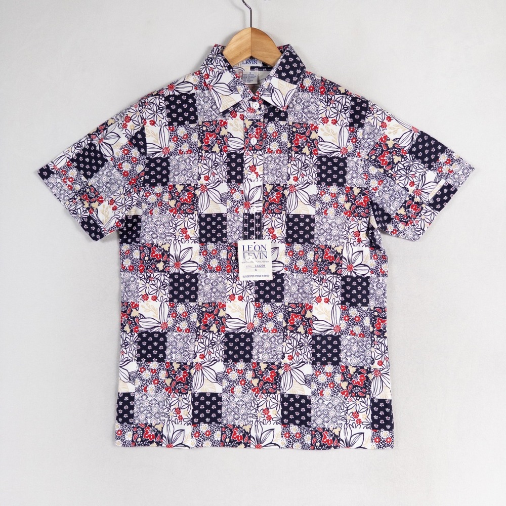 Leon Levin Polo Shirt Womens Small Navy Red White Patchwork Cotton Blend New